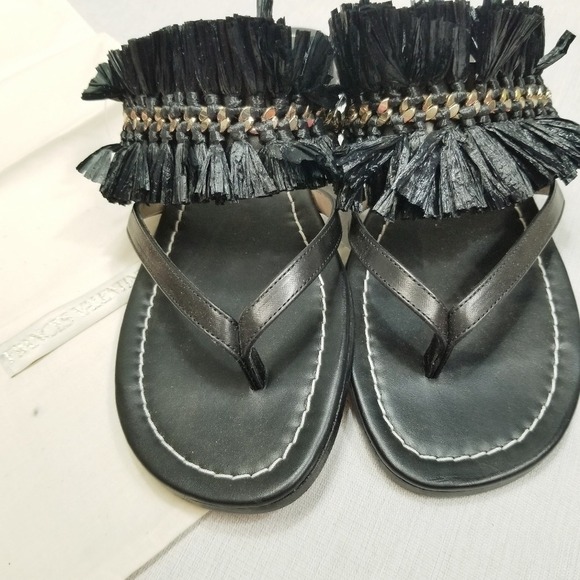 Frances Valentine NIB Elizabeth Black Tassel Thong Sandals Designer Flip Flops 8 - Picture 2 of 13